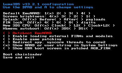 Luma3DS configuration menu on version 13.2.1