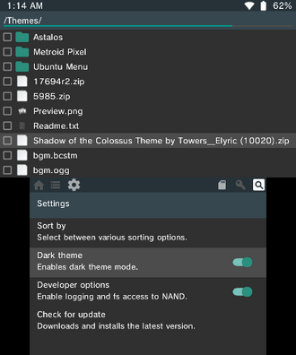 Screenshot of 3DShell Homebrew program while scrolling through files and changing settings