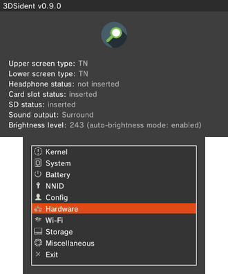 A screenshot of 3DSident 0.9.0 on the hardware tab